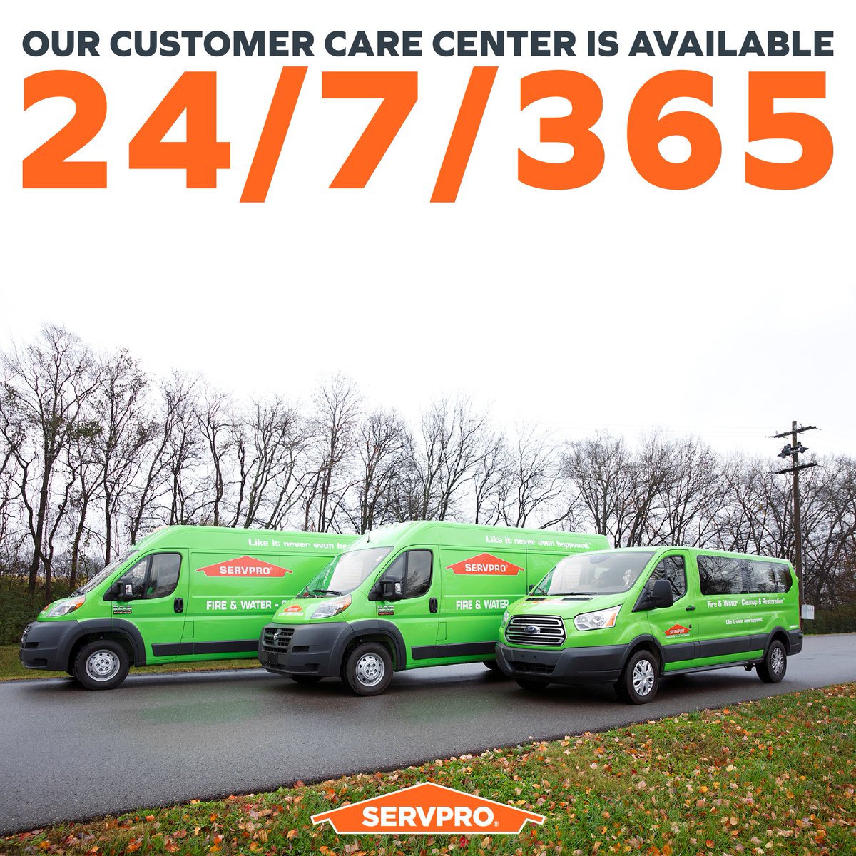 Emergencies can happen at any time, but SERVPRO is always ready. Our Customer Care Center is available 24/7/365 to take your call, day or night. For immediate assistance, call the SERVPRO team whenever you need us! We're Here to Help.