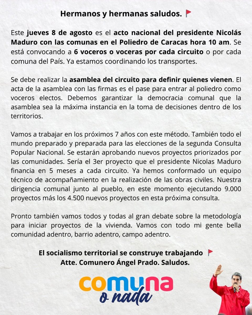 Comunero Angel Prado (@angelpcomuna) on Twitter photo Este jueves 8 de agosto es el acto nacional del presidente <a href="/NicolasMaduro/">Nicolás Maduro</a> con las comunas en el Poliedro de Caracas a las 10am. Se está convocando a 6 voceros o voceras por cada circuito o por cada comuna del País. Vamos con todo mi gente bella comunidad adentro, barrio adentro, Este jueves 8 de agosto es el acto nacional del presidente <a href="/NicolasMaduro/">Nicolás Maduro</a> con las comunas en el Poliedro de Caracas a las 10am. Se está convocando a 6 voceros o voceras por cada circuito o por cada comuna del País. Vamos con todo mi gente bella comunidad adentro, barrio adentro,
