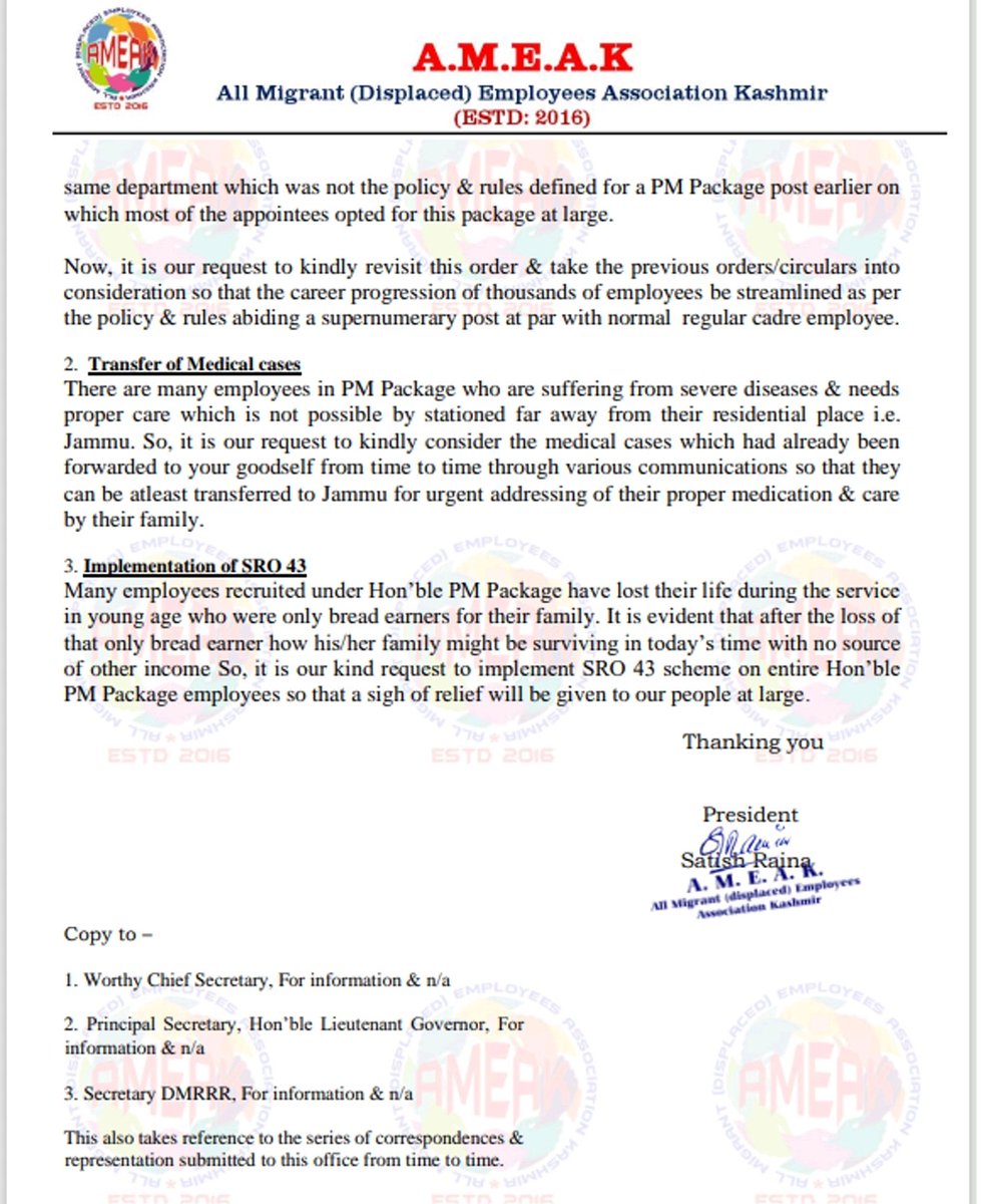AMEAK_Displaced's tweet image. Memorandum regarding unresolved grievances of employees appointed under Hon&apos;ble PM Package.
We are hopeful for redressal of these grievances &amp;amp; we seek your kind intervention in resolving these critical issues within the shortest possible time. 
@OfficeOfLGJandK