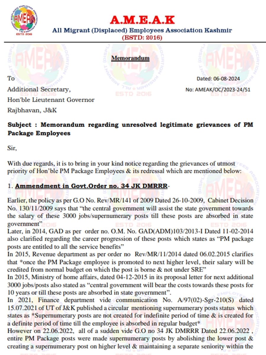 AMEAK_Displaced's tweet image. Memorandum regarding unresolved grievances of employees appointed under Hon&apos;ble PM Package.
We are hopeful for redressal of these grievances &amp;amp; we seek your kind intervention in resolving these critical issues within the shortest possible time. 
@OfficeOfLGJandK