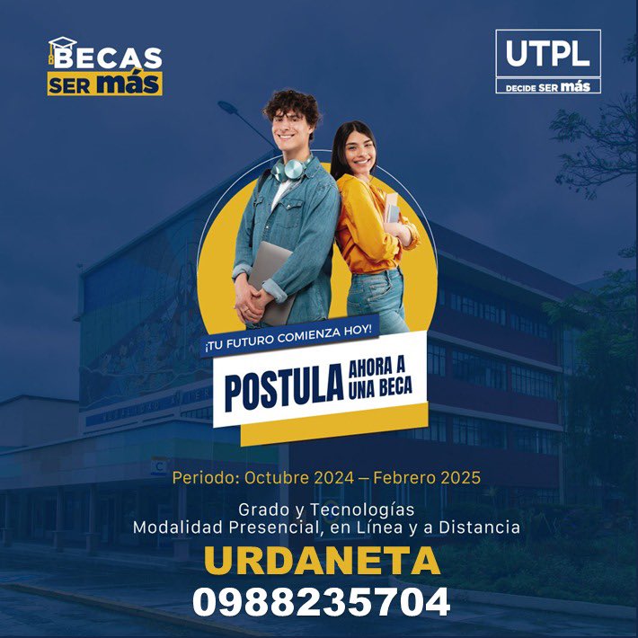 🏢 🎓 Con el respaldo de la UTPL - Universidad Técnica Particular de Loja, accede a una Beca 𝐒𝐞𝐫 𝐌𝐚́𝐬 #𝐔𝐓𝐏𝐋.

🖥️ Registra tus datos para brindarte información de las diferentes becas que tenemos para ti.
🌐 bit.ly/BecasUTPLCosta
📲 wa.me/0988235704