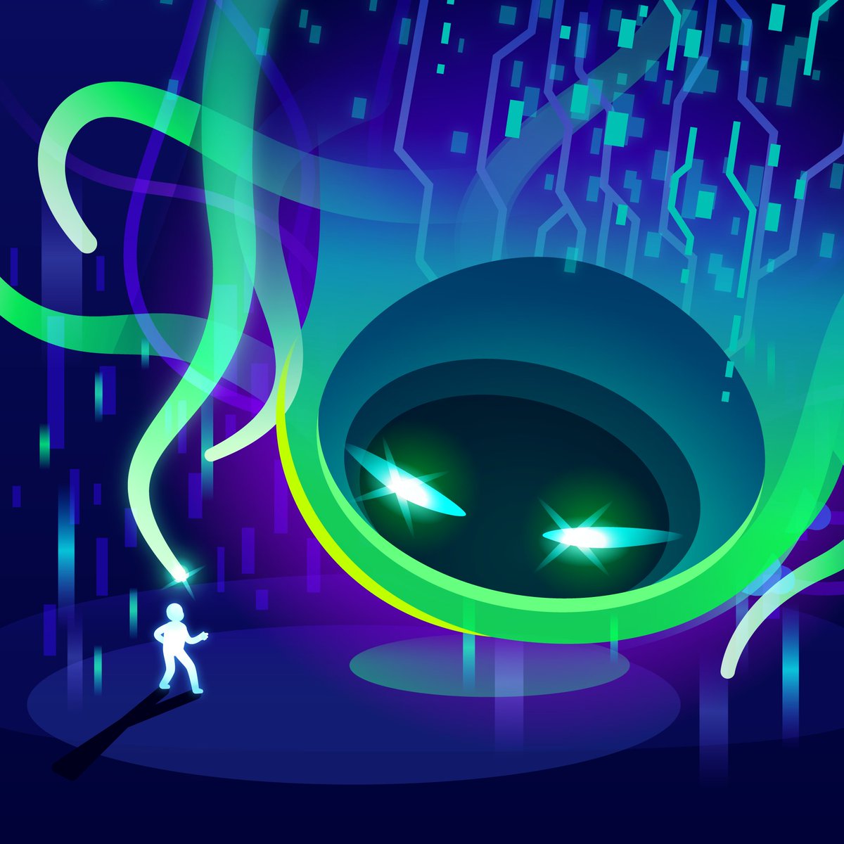 The illustration shows a large, abstract, and seemingly sentient superintelligent AI, represented by a dark spherical core with glowing green eyes. The AI is surrounded by swirling, neon-green tendrils that radiate outward, hinting at its vast power and digital nature. The background resembles a digital realm with circuit-like patterns. A small human figure stands at the base of the AI, dwarfed by its enormous size, and gazes up at the AI.