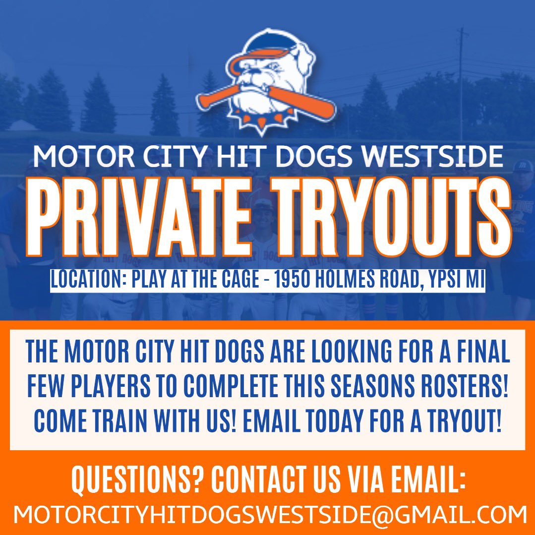 Join the Hit Dogs ⚾️

Train in an elite facility this season! 

1st and 3rd weeks of the month are professional training while 2nd &amp; 4th team training! You’ll have access to the facility any time it’s open and can utilize it!

Email us today for a private tryout!