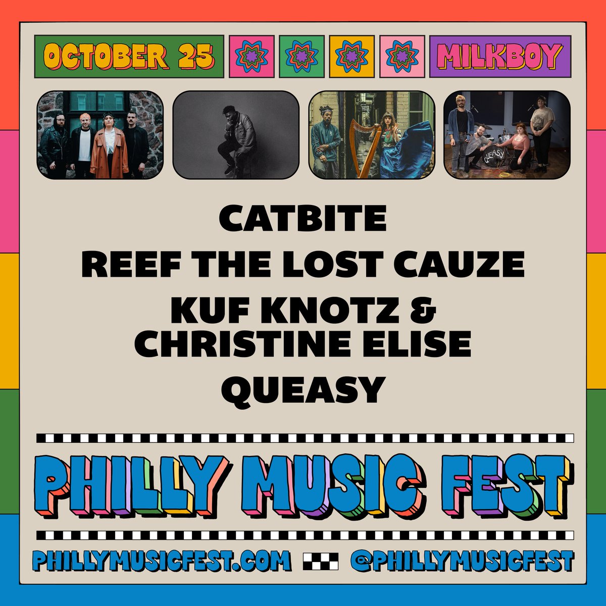 PHILLY MUSIC FEST 2024 🏁 With local legends <a href="/catbiteband/">CATBITE</a>, <a href="/LostCauze/">Reef The Lost Cauze</a>, <a href="/KUFKNOTZ/">Kuf Knotz</a> &amp; Christine Elise, and Queasy. Tickets are going so get them before they're gone 🚗💨

Tickets &gt;&gt; link.dice.fm/MB_PMF24