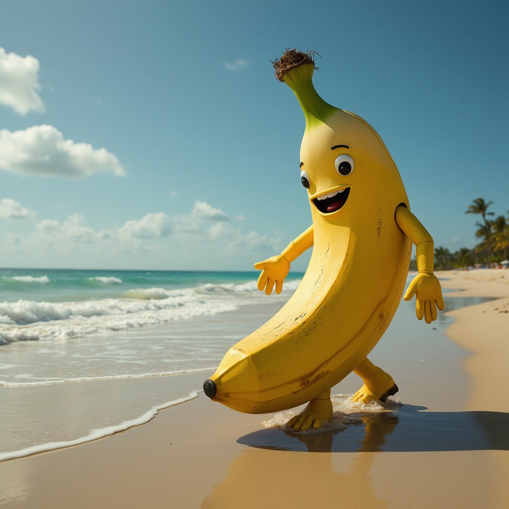 promptdle's tweet photo. "photo of a huge humanoid banana walking on the beach"

this is promptdle #1 reimagined by #flux from @bfl_ml - compare that with the original from our custom #stablediffusion snapshot from just one and a half years ago https://t.co/Kn0MTPpDQW