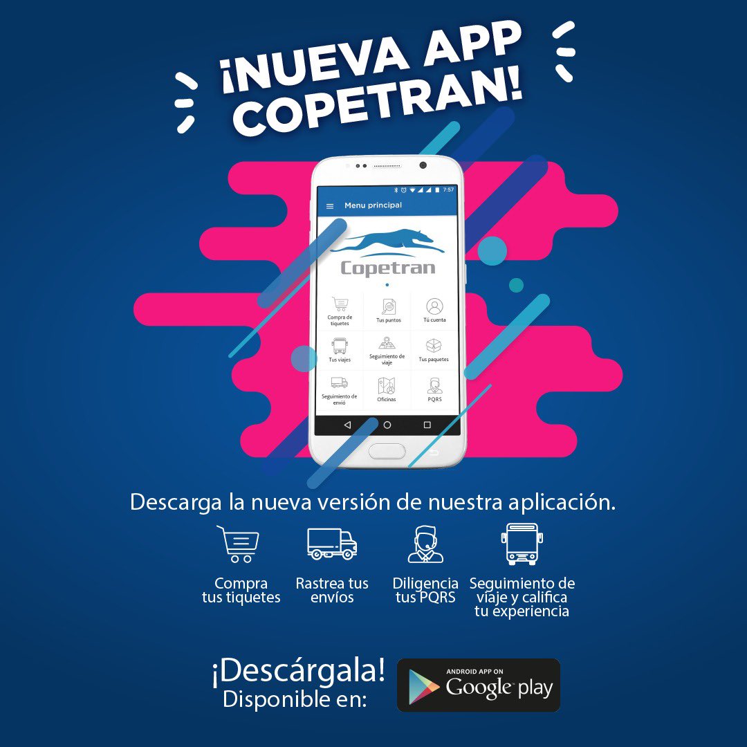 Copetranoficial's tweet photo. En #copetran seguimos mejorando para garantizar un servicio extraordinario; por eso, habilitamos nuestra nueva app Copetran.
Nuevas funciones, más rápida y funcional ⚡️📲
¡DESCÁRGALA! 💙🚎👨🏻✈️ https://t.co/zSbTFlu3Zs