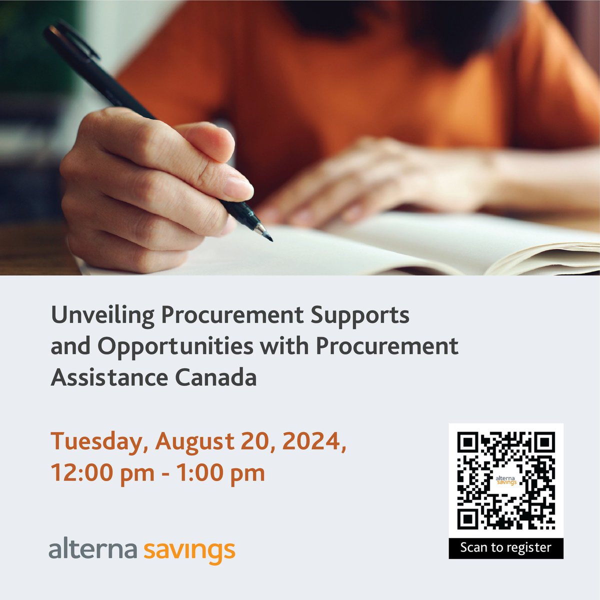 Alterna Savings (@alternasavings) on Twitter photo Entrepreneurs! Join us for our upcoming webinar with <a href="/PSPC_SPAC/">Public Services and Procurement Canada</a>.
Join us to learn about:
• Key supports available for you
• Busting myths about federal government procurement
• Exciting growth opportunities for #smallbiz owners
Register today! bit.ly/PACwebinar2024 Entrepreneurs! Join us for our upcoming webinar with <a href="/PSPC_SPAC/">Public Services and Procurement Canada</a>.
Join us to learn about:
• Key supports available for you
• Busting myths about federal government procurement
• Exciting growth opportunities for #smallbiz owners
Register today! bit.ly/PACwebinar2024
