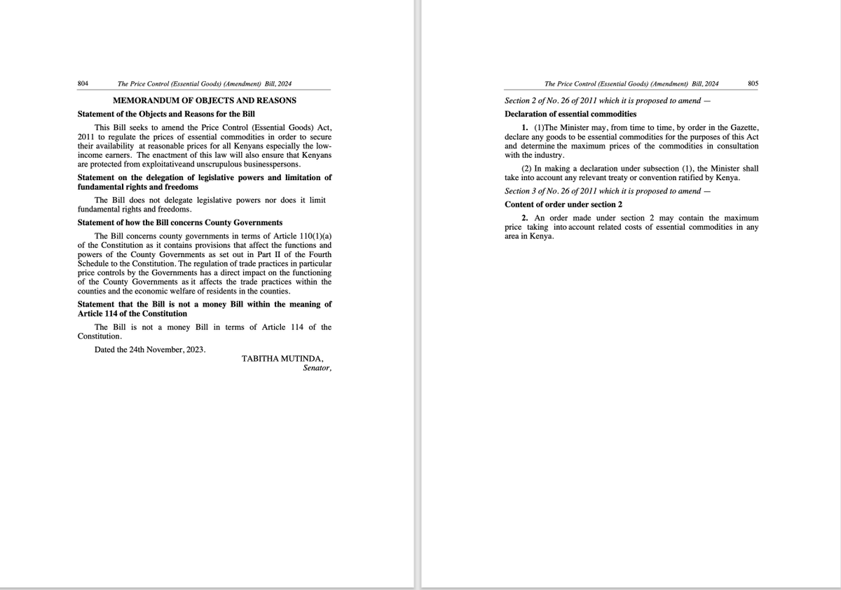 Another Bill to read through.

This is the Price Control (Essential Goods) (Amendment) Bill, 2024 that seeks to regulate the prices of essential commodities to ensure their affordability and availability, particularly for low-income Kenyans: 

Some key points:
—The Cabinet