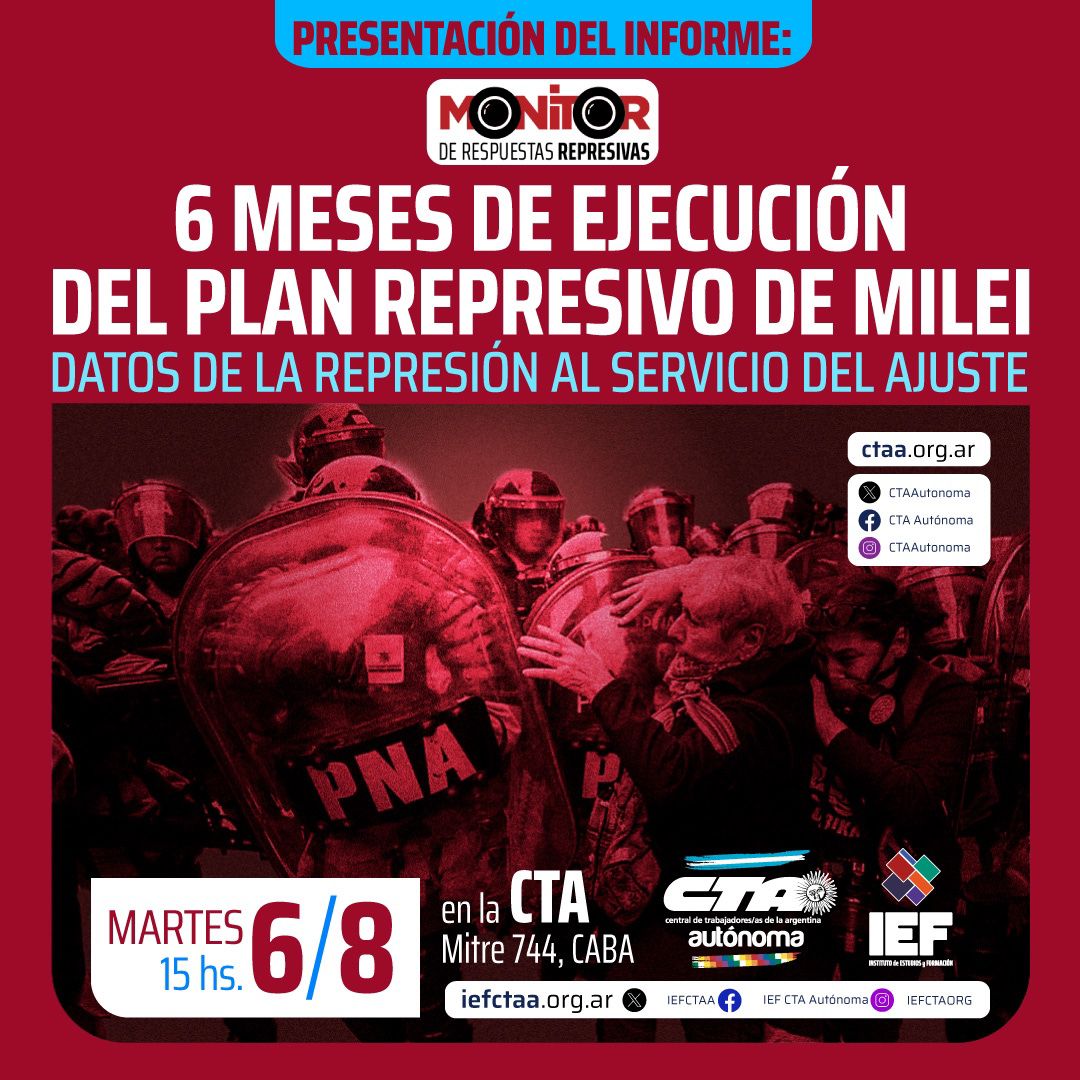 Hoy la CTA presentará el Monitor que analiza la represión de los primeros seis meses de gobierno de Milei y como es parte de un plan de criminalización de la protesta social.