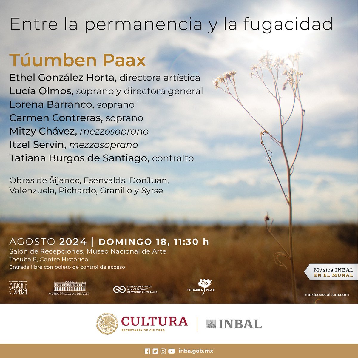 ¿Qué harás mañana? No te pierdas “Entre la permanencia y la fugacidad” el concierto que el ensamble vocal <a href="/TuumbenPaax/">Túumben Paax</a>, presentará a las 11:30 h en el Salón de Recepciones del <a href="/MUNALmx/">MUNAL</a>. ¡Ahí nos vemos! #EntradaLibre

#MúsicaINBALenelMUNAL