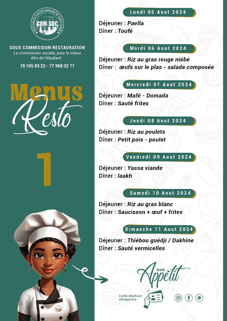 CommissionSoci2's tweet photo. La Commission sociale de l’UGB, garante du mieux-être de l’étudiant sanarois, a le plaisir de vous informer que les menus hebdomadaires font leur grand retour dans nos restaurants après trois ans d'absence. Cette décision va grandement améliorer notre quotidien au sein de l'UGB. https://t.co/3Qjk5oHYeI
