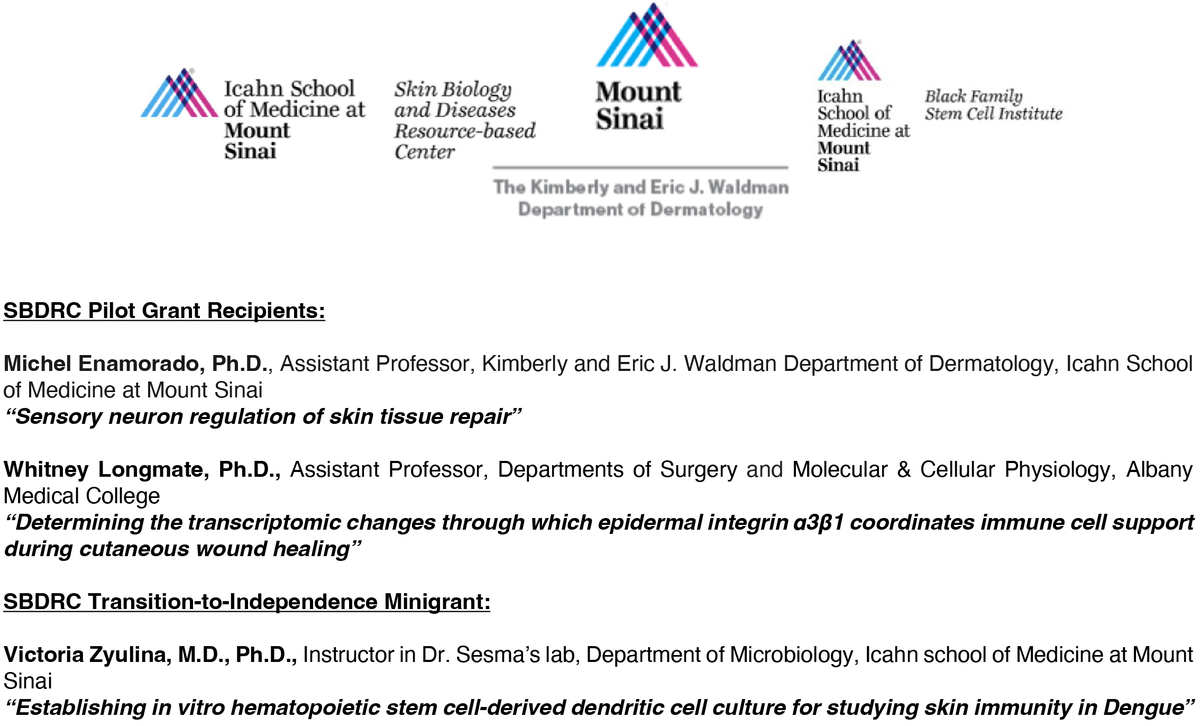 SBDRC at Mount Sinai (@sbdrcatmtsinai) on Twitter photo Please join us to Congratulate the awardees of the 2024 SBDRC Pilot Grant Program - We wish you all the best for your project! 🎉👏🏽
<a href="/Michel_Enamorad/">Michel Enamorado</a> (<a href="/MSHSDerm/">Mount Sinai Dermatology</a>), Dr. Longmate (<a href="/AlbanyMed/">Albany Med Health System</a>, <a href="/AlbanyMedMCP/">Albany Med MCP 🧫🔬🧬</a>), and Dr. Zyulina (<a href="/SesmaLab/">Ana Fernandez-Sesma</a>, <a href="/IcahnMountSinai/">Icahn School of Medicine at Mount Sinai</a> Dept. of Microbiology) Please join us to Congratulate the awardees of the 2024 SBDRC Pilot Grant Program - We wish you all the best for your project! 🎉👏🏽
<a href="/Michel_Enamorad/">Michel Enamorado</a> (<a href="/MSHSDerm/">Mount Sinai Dermatology</a>), Dr. Longmate (<a href="/AlbanyMed/">Albany Med Health System</a>, <a href="/AlbanyMedMCP/">Albany Med MCP 🧫🔬🧬</a>), and Dr. Zyulina (<a href="/SesmaLab/">Ana Fernandez-Sesma</a>, <a href="/IcahnMountSinai/">Icahn School of Medicine at Mount Sinai</a> Dept. of Microbiology)