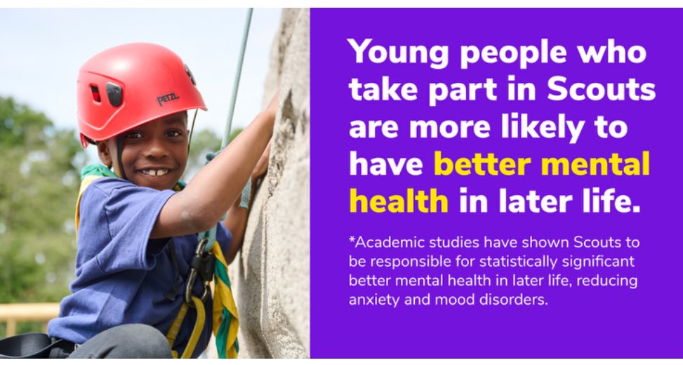 Really interesting research.  Scouts has a transformative impact on young people. According to research, children and young people who take part in Scouts have a lower risk of mental illness in later life. 

scouts-news.org.uk/c/AQj21QgQn8OZ…

￼
