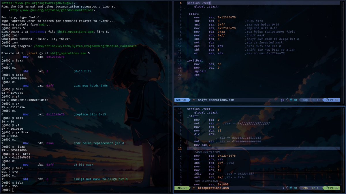 mu_chrinovic's tweet image. Day 0b11000 of #LowLevelProgramming
Got assignments and tests coming up, so the grind is low
I've been reading on the effects of 64 bit instructions on 32 bit registers and bit masking
>Implementing bit operations
>Learnt shift operations instructions
>Cool with GDB😆