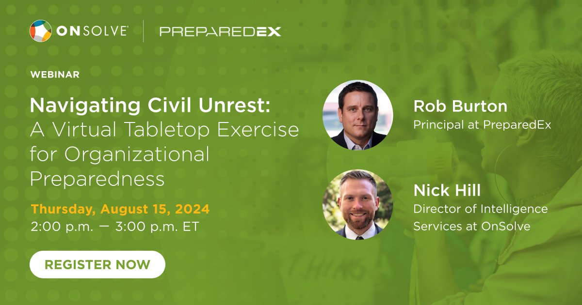 Civil unrest has been on the rise in recent years and organizations need to be prepared for potential disruptions.

Join us on August 15, at 2:00pm ET for an interactive tabletop exercise on navigating civil unrest with PreparedEx's Rob Burton: bit.ly/3A4dtS2