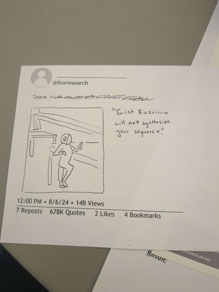 We’ve been having trouble trying to design our allele swapping construct, and the latest issue we’ve had is designing arms that Twist will synthesize! My SURF student Julia was asked at her workshop to make a tweet announcing their results to the world and this is it! 😂😂😂