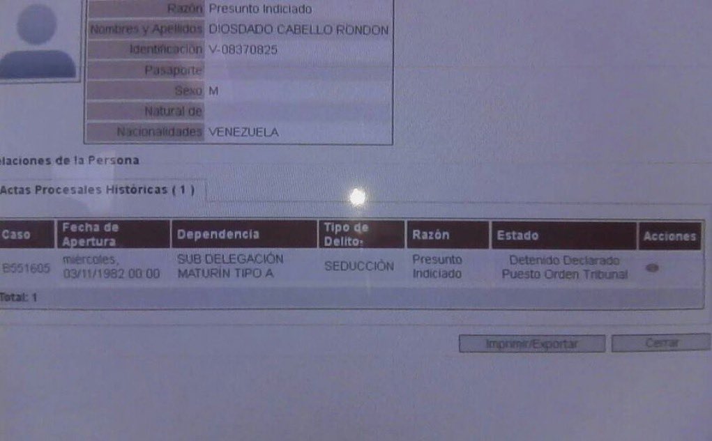 🚨| URGENTE: Diosdado Cabello estuvo preso por PEDÓFILO. El mismo fue presentando a tribunales el 17/12/1982, tipo de delito: Seducción a una menor de edad, número Caso B551605 y la fecha del delito fue 22/03/1981 lugar del delito: El Furrial Maturín, edo. Monagas. 🇻🇪