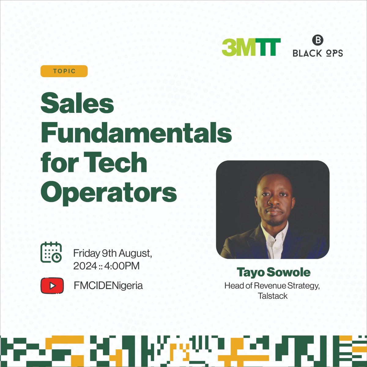 Find out how tech enables sales this week as Tayo Sowole, Head of Revenue Strategy at Talstack, leads this insightful session on "Sales Fundamentals for Tech Operators” 

In partnership with <a href="/BlackOpsAfr/">Black Ops</a> 

🗓️ Date: 9th August, 2024
🕒 Time: 4pm

b.link/3MTTxBlackOpsY…

#My3MTT