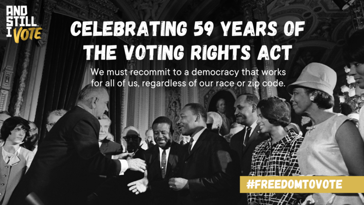 WVCCE's tweet photo. Celebrate the Voting Rights Act 59th Anniversary by recommitting to a democracy that works for ALL of us. Sign the petition to urge Congress to pass the John Lewis VRAA, #FreedomToVote Act, Native American VRA, and DC Statehood. #VRAAnniversary https://t.co/NdN3vLR4KH https://t.co/mMYCiezfAS