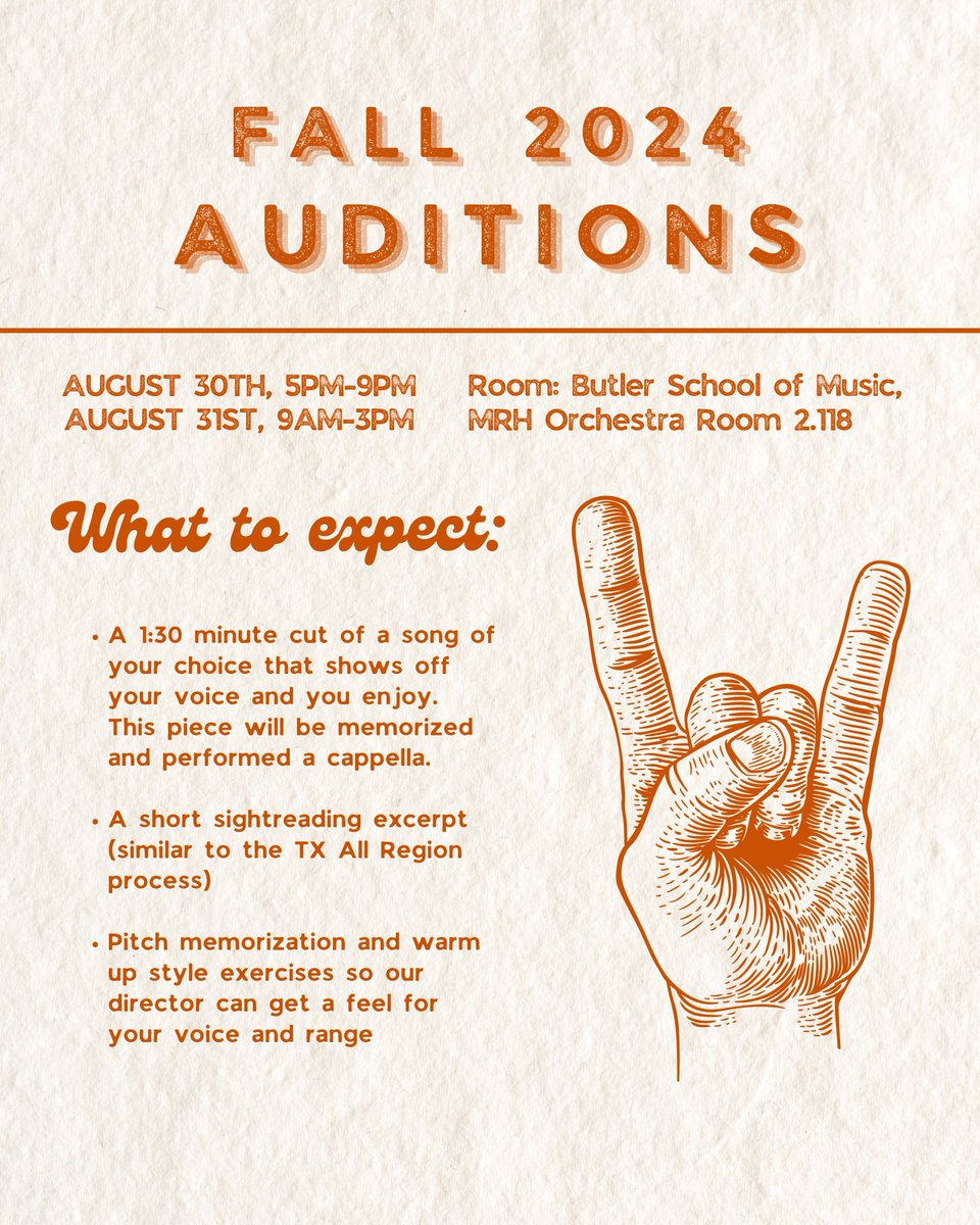 LonghornSingers's tweet photo. You will find everything you need to know in this post, and you can sign-up for a time slot at the link in our bio. Room announcements will be made closer to the audition date, so keep an eye out for updates. We can't wait to see you soon!

#ut25 #ut26 #ut27 #ut28 https://t.co/Yl43GPEfzT