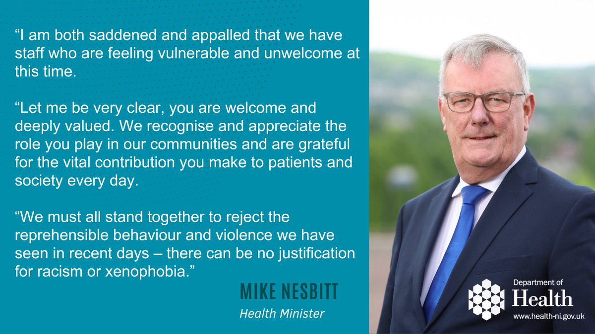 Health Minister Mike Nesbitt has reiterated his support for health and social care staff following recent racist attacks and intimidation in Northern Ireland.

health-ni.gov.uk/news/nesbitt-o…