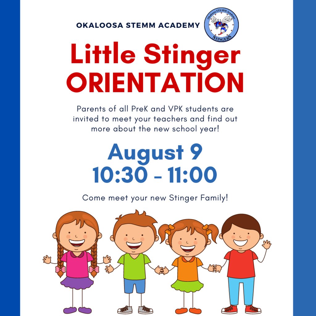 Join us for Orientation on Friday, August 9. Drop in to pick up your schedule, buy a school shirt, and see your teachers and friends!

6th grade 8:00-9:00
7th and 8th grade 9:15-10:15
PreK and VPK 10:30 - 11:00.