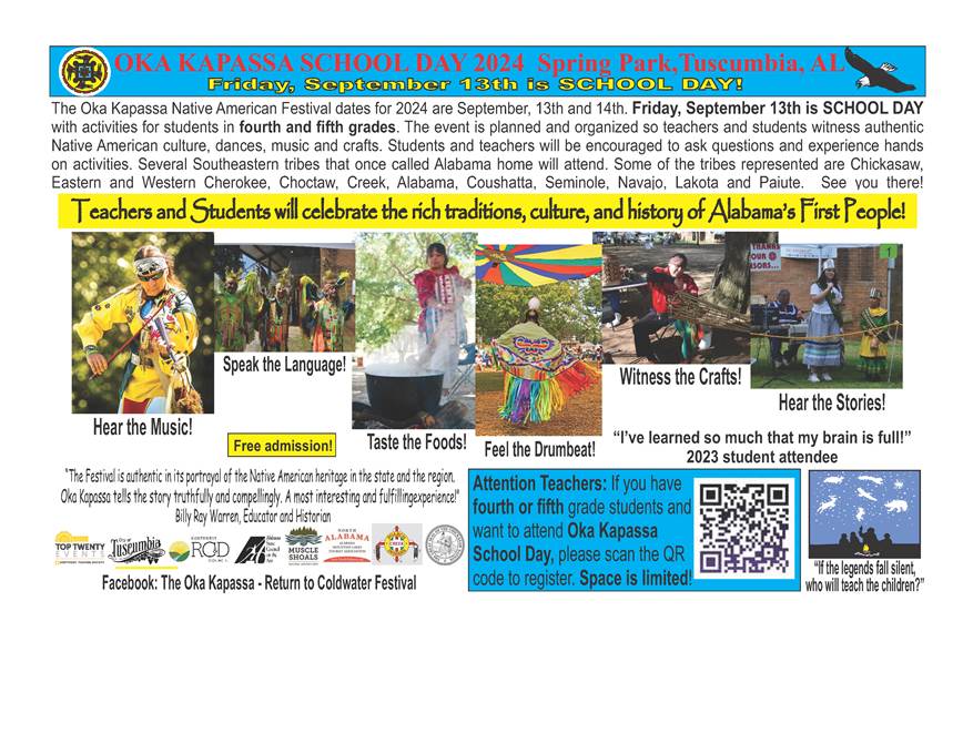 We are excited to partner with "The Oka Kapassa Return to Coldwater Festival" and the "Oka Kapassa School Day 2024". Teachers of 4th and 5th grades in our surrounding counties, please refer to the flyer below and use this link to register if you plan to attend.