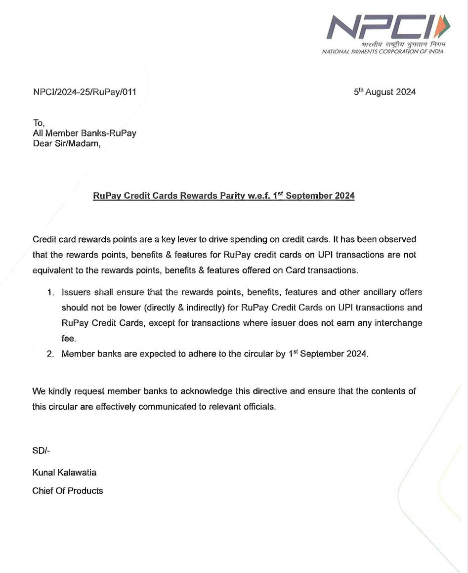 Thanks to NPCI for giving reservation to minorities (CC UPI).

Tldr: now banks have to offer same rewards on CC UPI as usual payments rewards.

#ccgeek #rupay