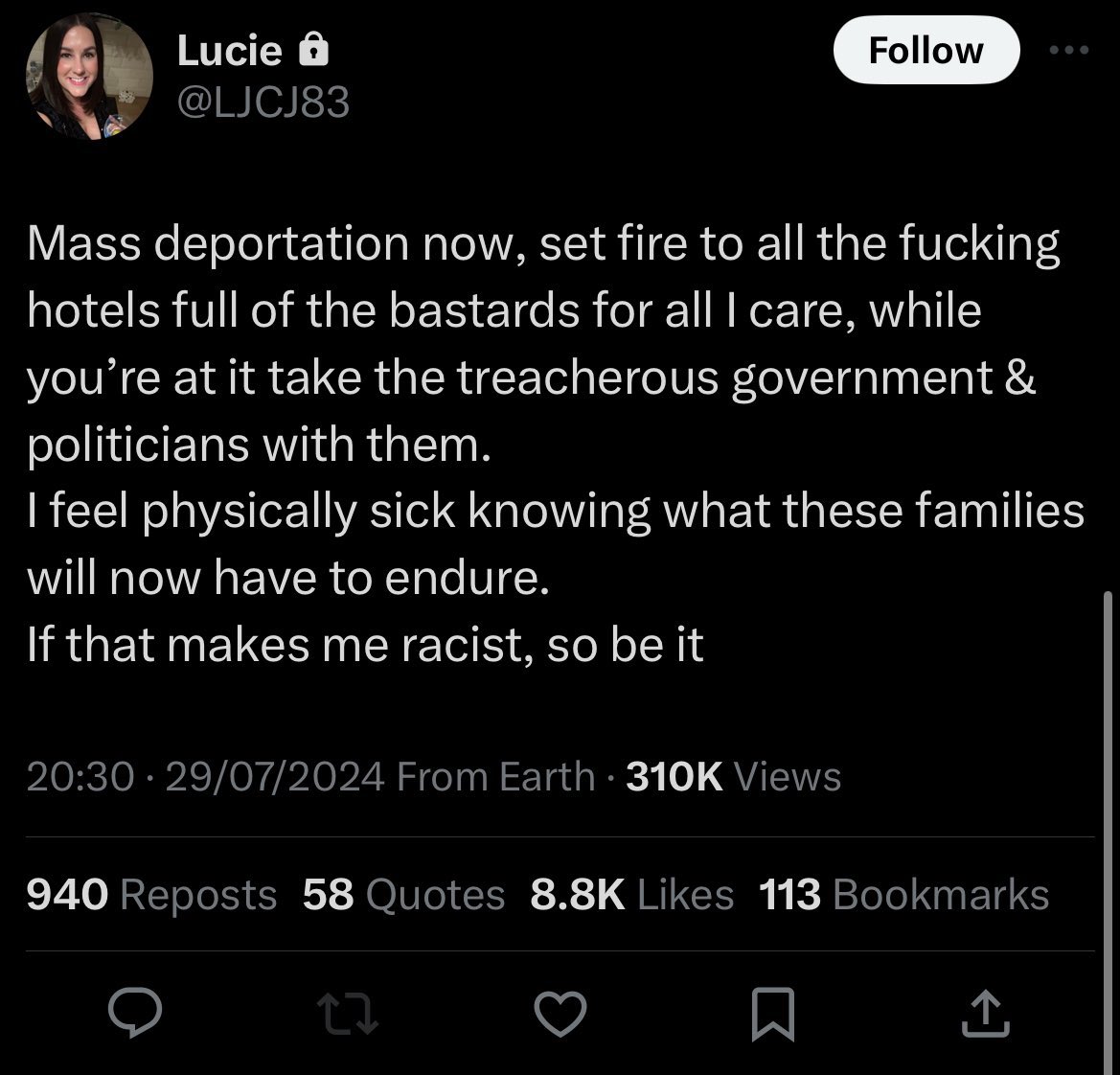 This is Northampton Tory Councillor's wife Lucie Connolly, and here's what she said. That's not spur of the moment or excuseable, the apology doesn't cut it when she's obviously realised it's fuck around, find out time.
