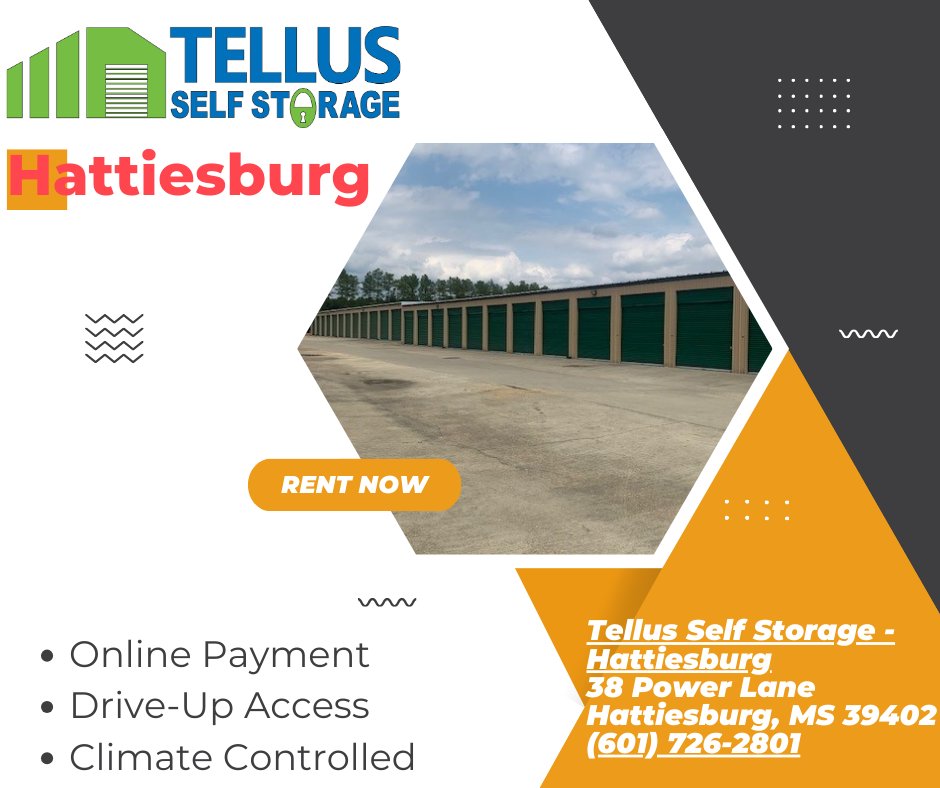 Tellus_Storage's tweet image. Enjoy these benefits when storing with Tellus Self Storage - Hattiesburg! #Hattiesburg #OnlinePayment #ClimateControlledStorage

Tellus Self Storage - Hattiesburg
38 Power Lane
Hattiesburg, MS 39402
(601) 726-2801