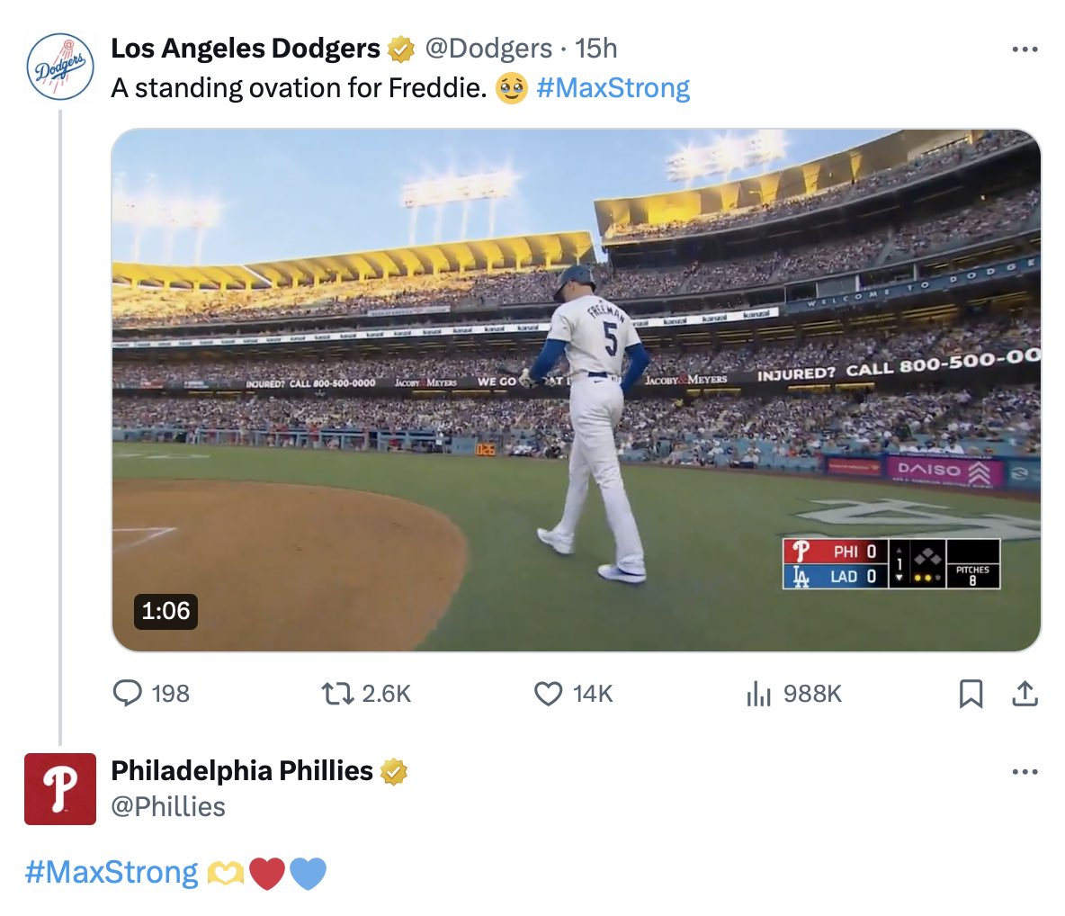 DodgersNation's tweet image. We appreciate the love shown by the Phillies to Freddie Freeman:

- Bryce Harper texted Freddie multiple times to check on him this week
- Phillies tweeted #MaxStrong to support Maximus Freeman’s recovery
- Harper &amp;amp; Freddie shared a hug mid-game

This is what MLB is all about 💙