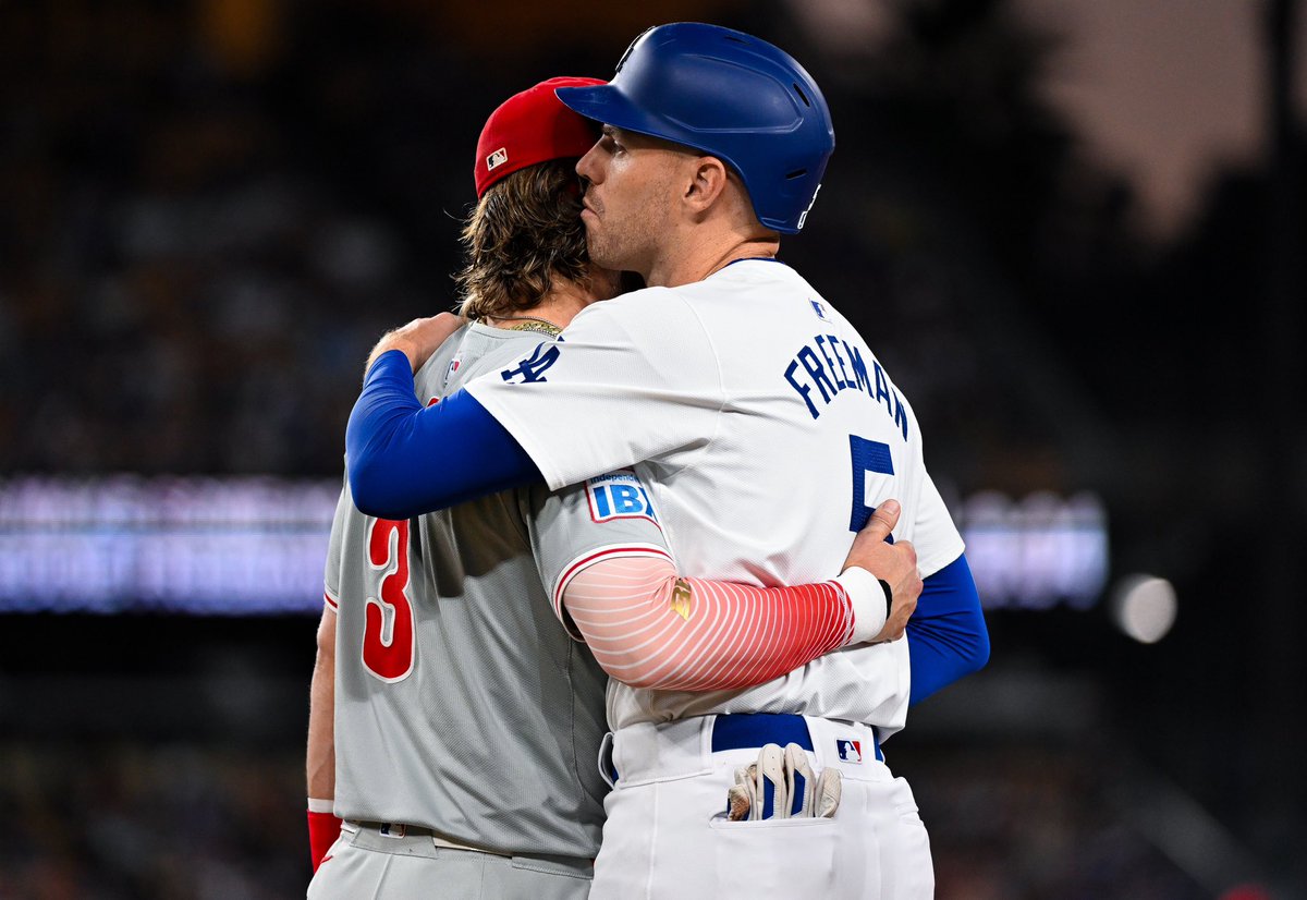 DodgersNation's tweet image. We appreciate the love shown by the Phillies to Freddie Freeman:

- Bryce Harper texted Freddie multiple times to check on him this week
- Phillies tweeted #MaxStrong to support Maximus Freeman’s recovery
- Harper &amp;amp; Freddie shared a hug mid-game

This is what MLB is all about 💙