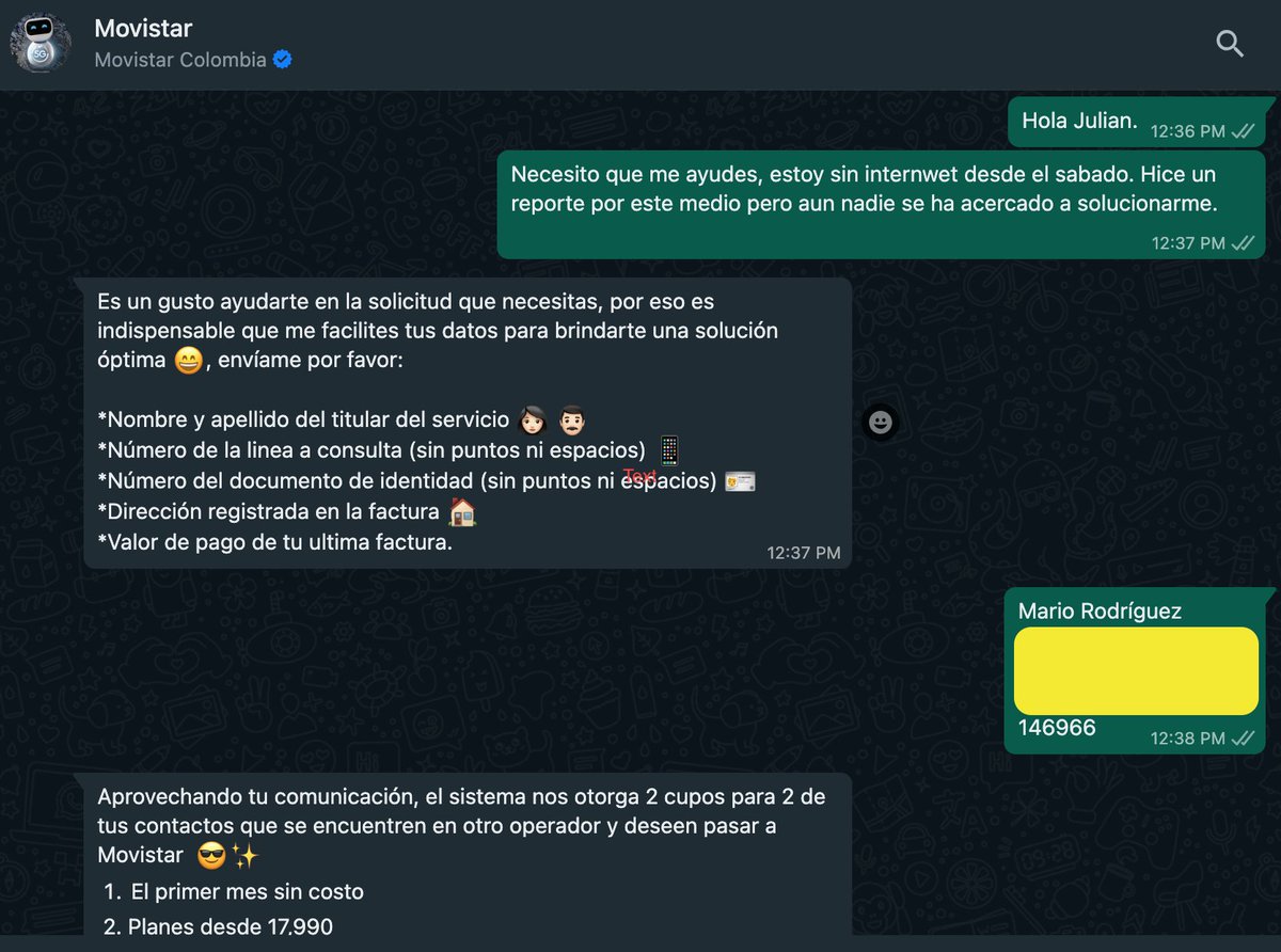 Desde el sábado estoy reportando un problema con el servicio de internet hogar y aún nadie se acerca a resolver. Por el chat, antes de darme solución el asesor me pregunta si le puedo referir a alguien. <a href="/MovistarCol/">Movistar Colombia</a> muy mala estrategia de atención a reportes y solución de daños.