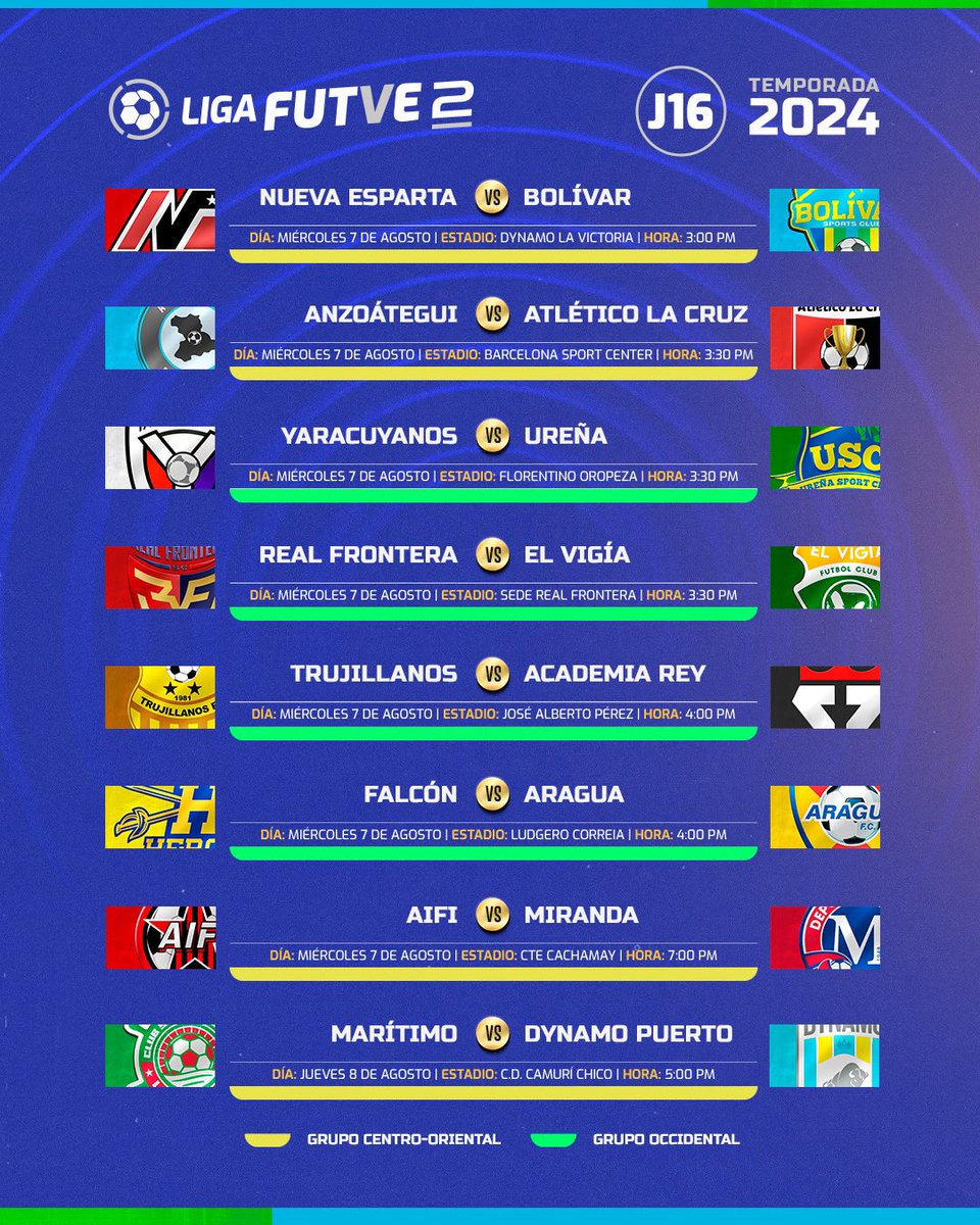 LigaFUTVE2's tweet photo. 👀 • ¡Rueda el balón en la #LigaFUTVE2!  

🔥 • Así se disputará la Jornada 16 de la #Temporada2024 

#VenezuelaEsFutve https://t.co/S72YuCjTci