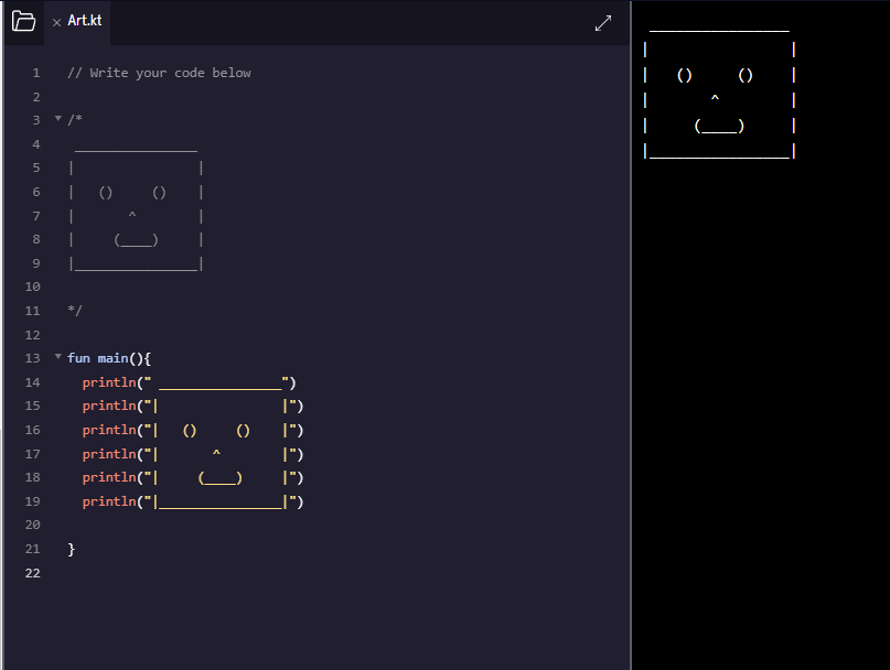 keyedupdev's tweet image. 1/#100DaysOfCode - Making some ASCII art in Kotlin today