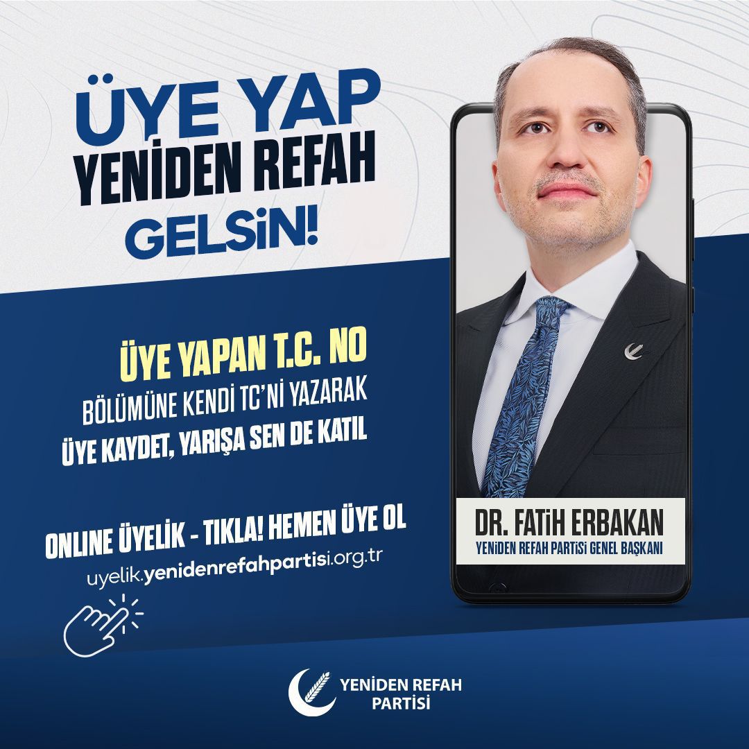 Partimizin online üyelik sayfasından (uyelik.yenidenrefahpartisi.org.tr) üye işlemi yapılırken sayfanın en altında bulunan “Üye Yapan TC No”bölümüne her üye kaydında üye yapan teşkilat görevlimizin kendi T.C Kimlik Numarasını yazması yarışa katılması için yeterli olacaktır. 

Not: Tüm
