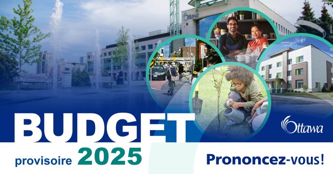 Image de l’hôtel de ville d’Ottawa sur laquelle on peut lire « Budget provisoire 2025. Prononcez-vous! ». À la droite de l’image, on aperçoit quatre cercles dans lesquels se trouvent des images d’un cycliste dans la rue, d’un enfant qui arrose un arbre, de deux personnes dans un café et d’un bâtiment résidentiel.