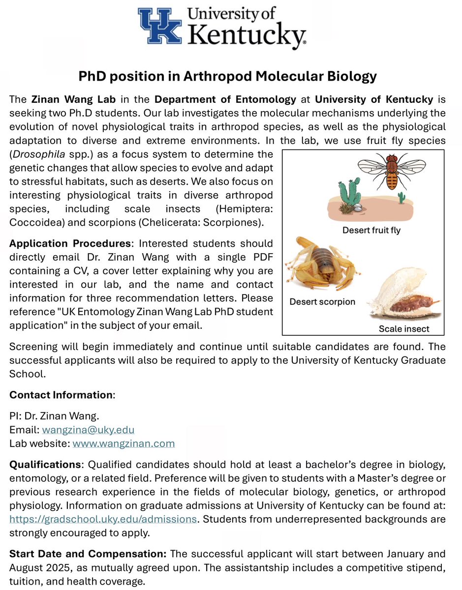 I plan to recruit two Ph.D. students to join my lab in the Dept of Entomology at the University of Kentucky. The research focus will be on molecular mechanisms underlying physiological adaptation. Specifics below. Please DM/email me if you have any questions.