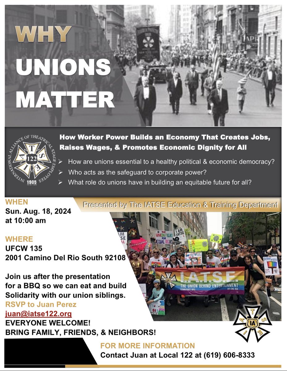 Join us Aug. 18th for the IA’s Road Show. This is a presentation on why unions matter, history of the Labor Movement, and how we build worker power to win. <a href="/IATSE/">IATSE // #IASolidarity</a> <a href="/SDLaborCouncil/">San Diego & Imperial Counties Labor Council</a>