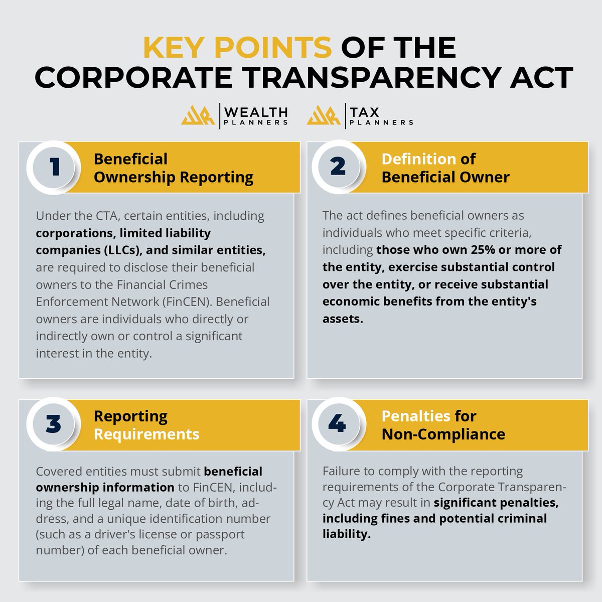 plan4freedom's tweet photo. The Corporate Transparency Act, effective 1/1/24, mandates new reporting obligations for certain entities operating in the U.S. We are here to help you stay compliant and avoid penalties! Contact us if you’d like WR Tax Planners to handle all necessary reporting on your behalf. https://t.co/nROsRVS7aX
