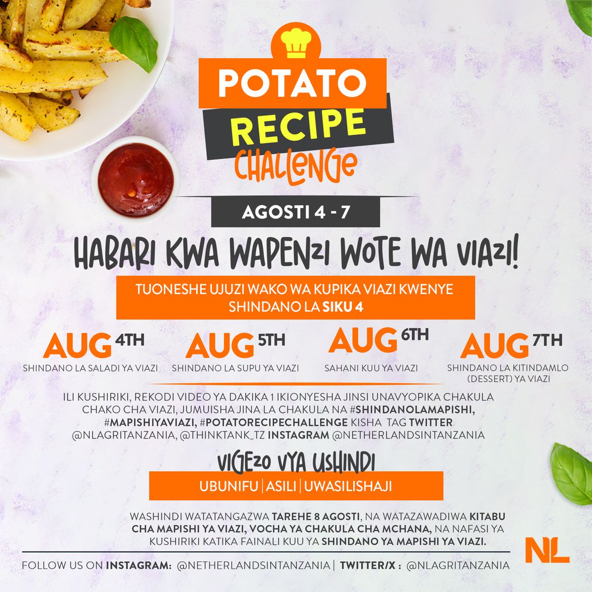 Je wewe ni mkali wa mapishi? 🥘 Shindano la mapishi linaendelea, kesho ndio siku ya mwisho! Onyesha ujuzi wa kupika viazi, rekodi video ya dk 1, ukituambia jina la chakula, follow &amp; tag

<a href="/NLAgriTanzania/">NLAgriTanzania</a>
&amp;
<a href="/thinktank_tz/">Thinktank_tz</a>
Dish lenye mvuto zaidi kushinda!  #ShindanoLaMapishi