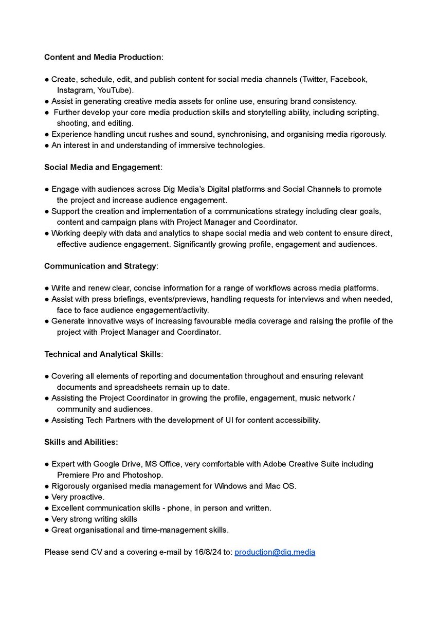 Exciting job alert pt 2! Full time media production assistant - brief part 2 of 2 below -shout us on production@dig.media👇#mediajobs #HIRINGNOW