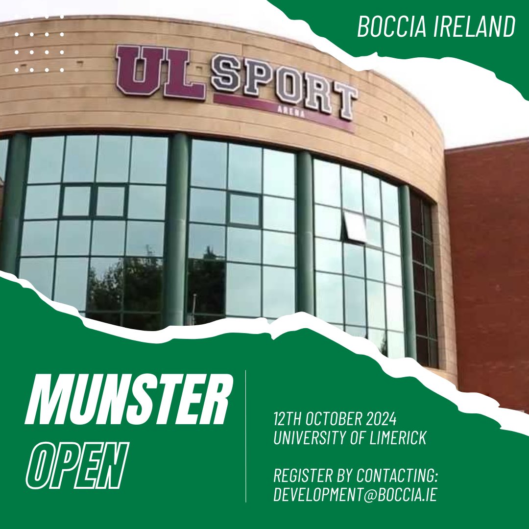 Boccia Ireland Munster Open!

📆 Sat 12th October

📍University of Limerick

⏰ 9.00 to 6

Entry fee €5

You can register your interest by emailing development@boccia.ie

Registration closes September 13th at 5pm. Registration is mandatory to compete!

#BocciaIreland
