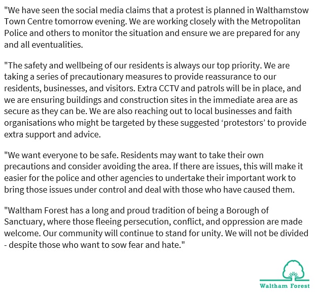 Teams have been preparing ahead of potential disorder in #Walthamstow tomorrow, Weds 7 August. Cllr Clyde Loakes <a href="/Labourstone/">Labourstone</a> has published an update for the community