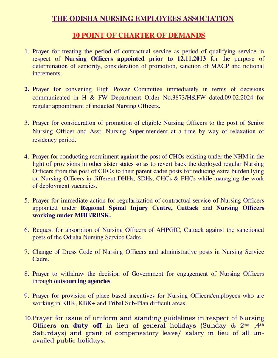 oneabbsr's tweet photo. The #Odisha NursingEmployees Association is going to start different agitation programmes w.e.f 14.08.2024 due to non fulfillment of 10point charter of demands.

We request our Hon'ble CM @MohanMOdisha Sir and Hon'ble Minister @MahalingMukesh Sir @HFWOdisha to consider all genuine demands before the scheduled #agitation programmes so as to enable #NursingOfficers to refrain from proposed agitation in view of public service.
@CMO_Odisha
@KVSinghDeo1 @kanak_news 
@otvnews @NandighoshaTV 
@sambad_odisha @timesofindia  #media #NewsUpdates #NEWS