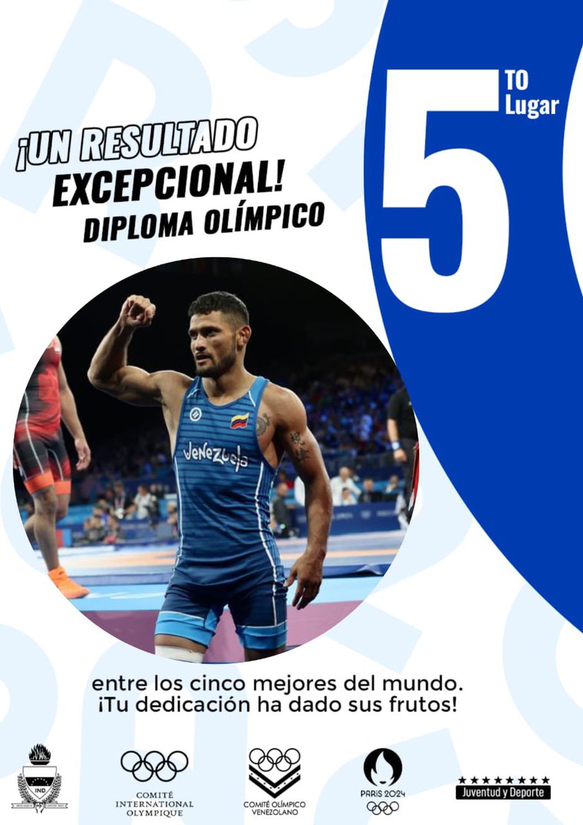 Raiber Rodríguez diploma olímpico !.

El venezolano se ubicó en el 5to lugar 
en los 60kg lucha grecorromana, tras caer  8 - 0 ante norcoreano Ri Se Ung.

Esta es el 1er diploma olímpico que consigue  la lucha en la historia de Venezuela en citas olímpicas. 

📍Champ Mars Arena.