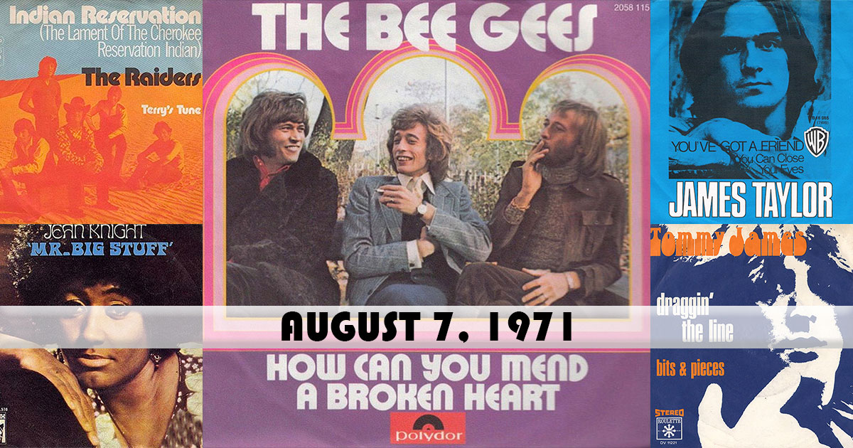 ChartsArchive's tweet photo. Here were the top songs on this day in 1971:
1. "How Can You Mend A Broken Heart" - #BeeGees
2. "Indian Reservation" - #TheRaiders
3. "You've Got A Friend" - #JamesTaylor
4. "Mr. Big Stuff" - #JeanKnight
5. "Draggin' The Line" - #TommyJames https://t.co/zQMFcGyYI9