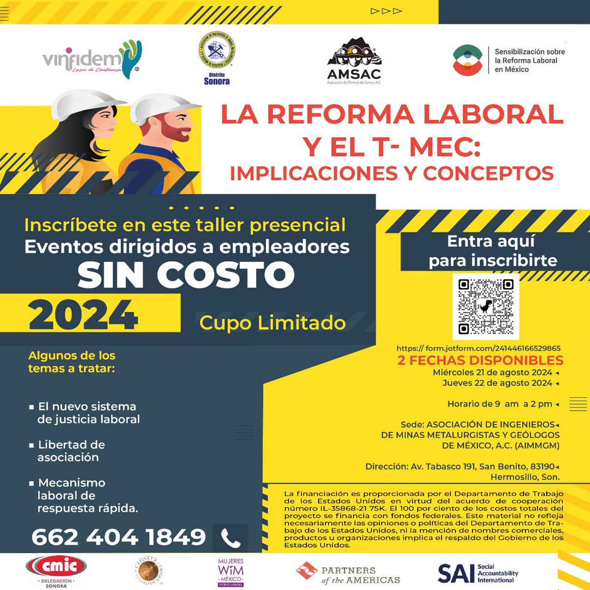 vinfidem's tweet photo. Taller gratuito: “La Reforma Laboral y el T-MEC: Implicaciones y conceptos” 📅 21 o 22 de agosto de 2024 🕘 9:00 am - 2:00 pm📍 AIMMGM Distrito Sonora, Hermosillo, dirigido a empresas y cadena de valor de mineras, automotriz, electrónica, aeroespacial y acero
¡Regístrate!👇 https://t.co/EetsFGysaG