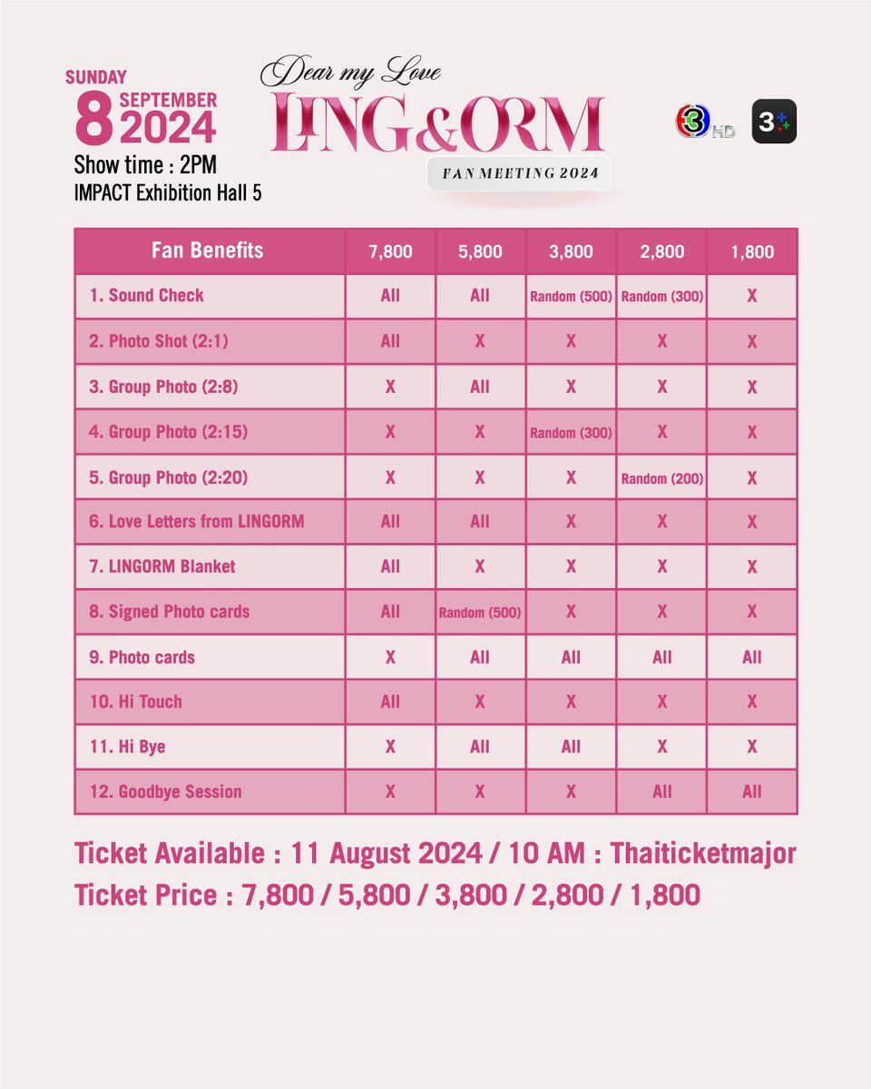 💜Dear my Love LING&amp;ORM Fan Meeting 2024🧡

Seating Plan &amp; Fan Benefits

🗓️8 September 2024
📍 Impact Exhibition Hall 5

TICKETS ON SALE : 
🎟️11 August 2024​ | 10​ AM​ at Thaiticketmajor​ 

#LingOrmFanMeeting​ #หลิงออม​ #lingorm​ #เด็กดื้อของพี่หมอ #ใจซ่อนรัก #TheSecretOfUs