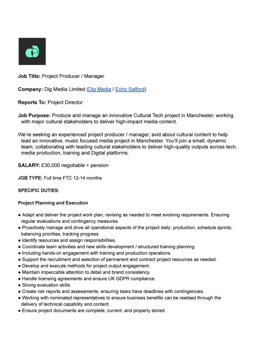 Full time Media Project Producer vacancy for an ace cultural project. Brief below. Please give us a shout! production@dig.media (1 of 2) #producers #jobvacancy #hiring